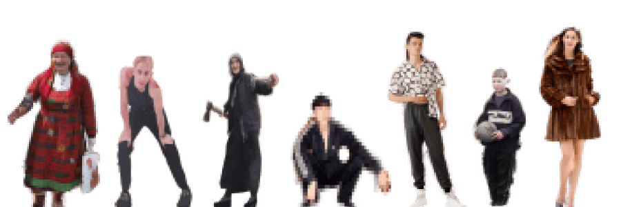 Game characters A bunch of pixelated people standing in line